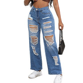 Jeans déchirés Arrivée Taille haute Pantalon droit ample élastique